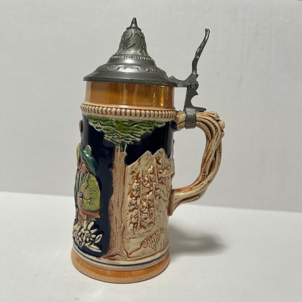 Vintage German Beer Stein 1/4L Ceramic Relief Cobalt Blue Pewter Lid 1690 Scene